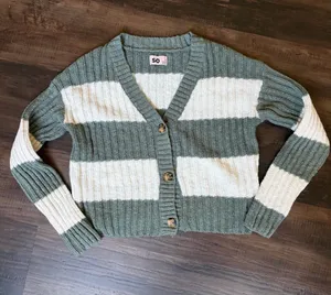 SO Olive Green and Cream Wide-Stripe Ribbed Button Cardigan thumbnail 1