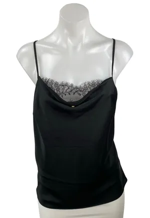 Lulus Women's Black Silky Satin Lace Trim Cowl Neck Sleeveless Cami Tank Top XL thumbnail 1