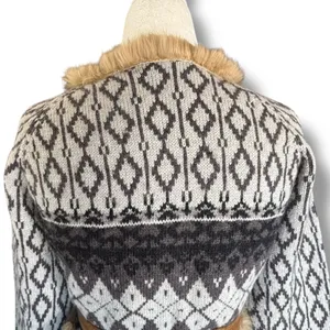 Vintage Y2K Fair Isle Shetland Wool Knit Cardigan Rabbit Fur Trim Belted Scarf‎ thumbnail 6