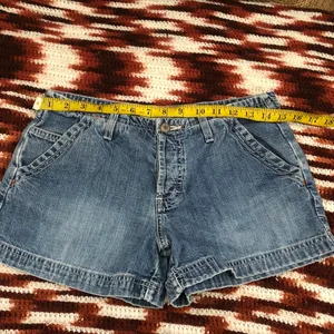 Y2K Vintage American Eagle Micro Mini Baddie Low Rise Denim Jean Booty Cargo Shorts Light Blue #gothic #whimsigoth #cyber #punk #biker whimsygoth Size 4-Measurement in pics thumbnail 3