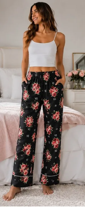 Victoria's Secret Pajama Pants Womens Medium Black Floral Rose VS Lounge Cotton thumbnail 1