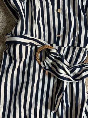 Zara Striped Linen Blend Button-Front Midi Dress Waist Tie - Navy & White thumbnail 5