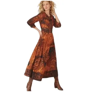 Soft Surroundings Rust Batik Midi Dress 3/4 Sleeve Tassel Zip Venetian boho Sz 4 thumbnail 2