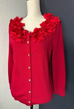 Cable&Gauge red viscose blend cardigan sweater with floral accents Petite Large thumbnail 1