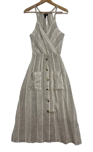 Indigo Rein Linen Dress Womens S Beige Striped Button‎ Skirt Coastal Boho Casual thumbnail 1