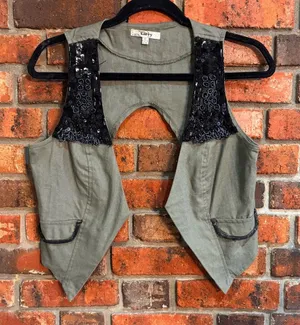 Entry womens boho western y2k sequined open front pointed hem vest olive green M thumbnail 1