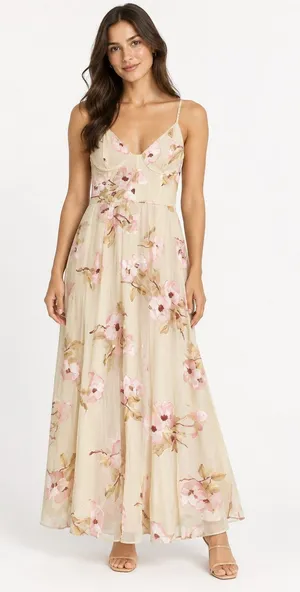 Dee Elly Floral Embroidered Lace Maxi Dress Cream Pink Size Medium thumbnail 1