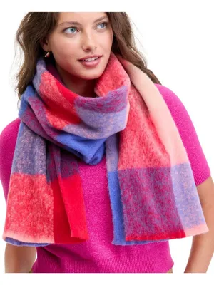 NWT On 34th Brushed Buffalo Plaid Blanket Scarf Fringe Cozy Bright Red Multi thumbnail 1