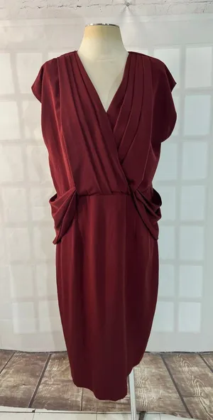 ASOS Oxblood Drape Front Pleated Short Cap Sleeve Midi Pencil Dress Size 14 thumbnail 1