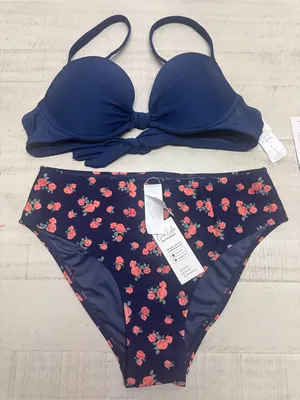 Navy Sweetheart Bikini Top & Standard Geo printed Bottoms Set thumbnail 1