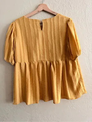 Textured Yellow Peplum Blouse with Puff Sleeves thumbnail 3