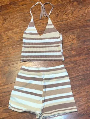 Princess Polly Women’s Isla halter top and shorts set in brown summer stripes thumbnail 1