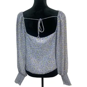 Astr‎ Women's L Floral Ruffled Blouse Light Blue Cropped Long Sleeves Peasant thumbnail 2
