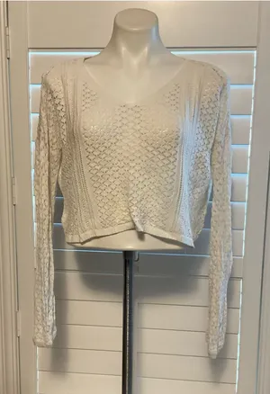 Crocheted white Long-Sleeve Cropped Sweater Top thumbnail 1
