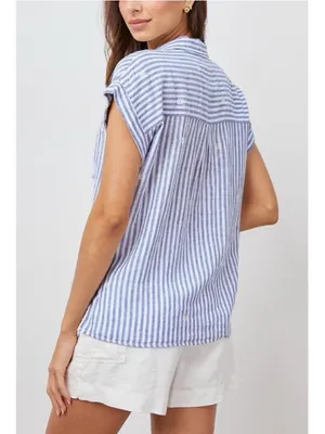 Rails Whitney Blue White Stripe Daisy Short Sleeve Collared Linen Rayon Shirt XS thumbnail 5