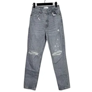ZARA Straight Leg High Waisted Distressed Jeans Raw Hem 2 Rinsed Black #3900 thumbnail 11