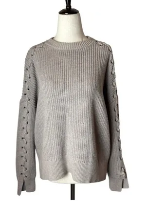 AllSaints Sweater Women XS Tan Crew Neck Cotton‎ Knit Aria Laced Short Jumper thumbnail 1