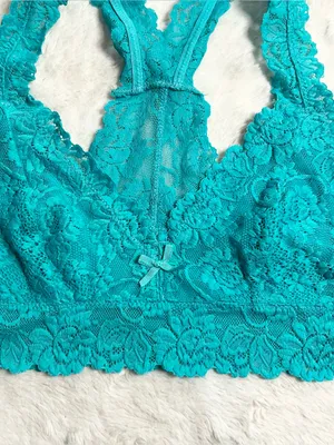 Teal Blue Lace Racerback Bralette Size Medium Aqua Wireless Comfort Lacy Stretch thumbnail 2