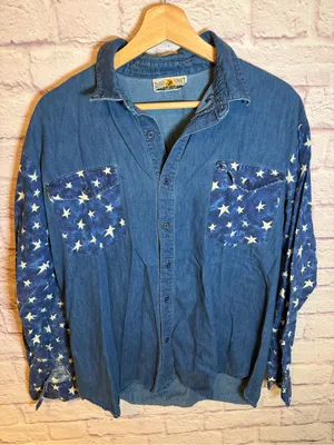 Wrangler Dakota Sunset western denim button-down shirt with patriotic stars size‎ medium thumbnail 1