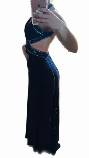 Nightway navy blue open back low cut prom holiday dress size 4 thumbnail 2