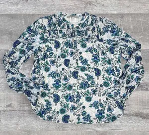 LOFT Garden Floral Top Women S Green Blue Long Sleeve Shirred Yoke Blouse Career thumbnail 1
