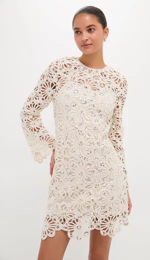 Hyacinth House Beige Sequined Crochet Carrie Mini Dress S thumbnail 1