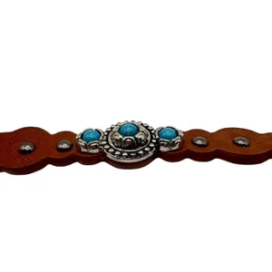 Western‎ Turquoise Studded Brown Faux Leather Scalloped Belt M/L Concho Silver thumbnail 6