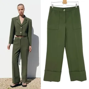 Zara Pants Trousers Straight Leg Turned Up Cuff Green Size Medium‎ thumbnail 2