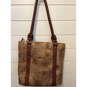 Patricia Nash Tooled Leather Fringe Tote Bag Purse Brown Floral‎ Western thumbnail 4