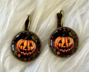 Halloween Pumpkin Jack O Lantern Dangle Earrings Black Orange thumbnail 1