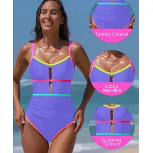 NWT Popvil Womens Purple Neon Colorblock Cutout One Piece Swimsuit Size Small‎ thumbnail 4