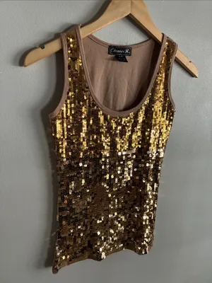 Gold Sequin Tank Top Metallic Sparkle Party Going Out Top Size Small thumbnail 3