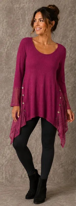 World Unity Burgundy Ribbed Knit Handkerchief Side Lace-Trim Tunic Top thumbnail 1