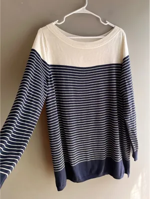 Caslon Off White & Navy Blue Striped Oversized Tunic Sweater Large thumbnail 2