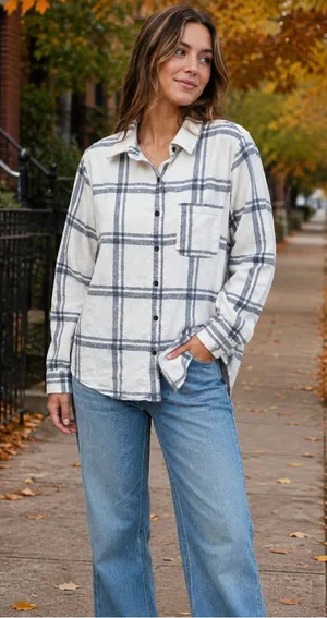 Universal Threads Ivory and Gray Plaid Button-Down Shirt thumbnail 1