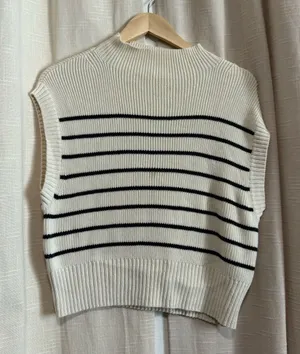 Maeve Cream and Black Striped mock neck Sleeveless Knit Vest thumbnail 1