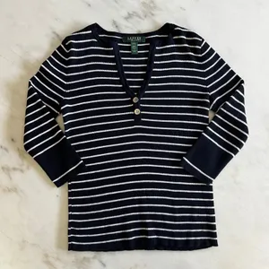Lauren Ralph Lauren Petite Striped‎ Knit Top 3/4 Sleeve Button Accent thumbnail 1
