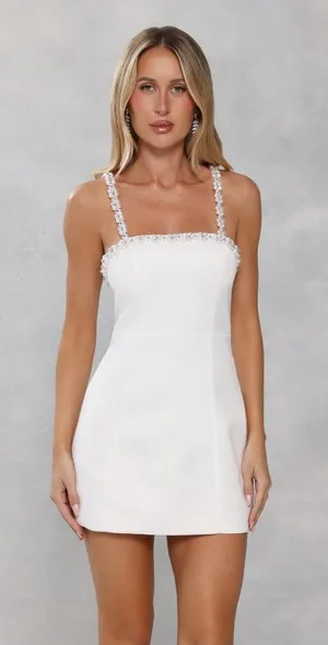 White Mini Dress Sz S - M Bandeau neckline decorated with faux pearls straps thumbnail 1