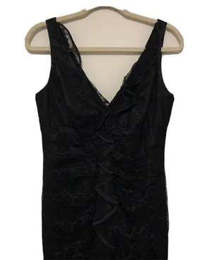 Carmen Marc Valvo Size 6 Black Silk Lace Overlay Ruffle Sleeveless Midi Dress thumbnail 2