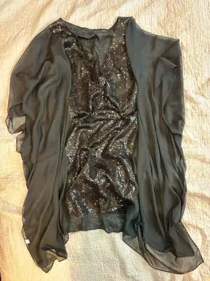 Black Sequin Kaftan Top Sheer Batwing Sleeve Oversized Party Blouse goth thumbnail 1