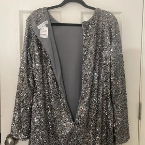 DRESS THE POPULATION Bailey Long Sleeve Knee length Silver Sequin Dress XL NWT thumbnail 4