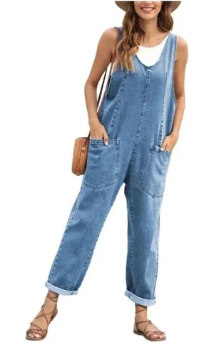 Denim Jean Baggy Overall Jumpsuit Womens Small Blue Sleeveless Adjustable Straps thumbnail 1
