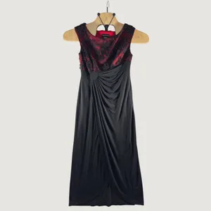 Connected Apparel 3085 | Floral Lace Draped Maxi Gown Black Burgundy Dark Romantic Formal Women 6 thumbnail 2