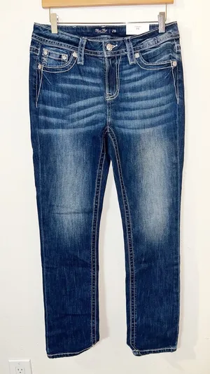 Miss Me Los Angeles Floral Pocket Detail Dark Washed Mid-Rise Straight Leg Jeans thumbnail 1