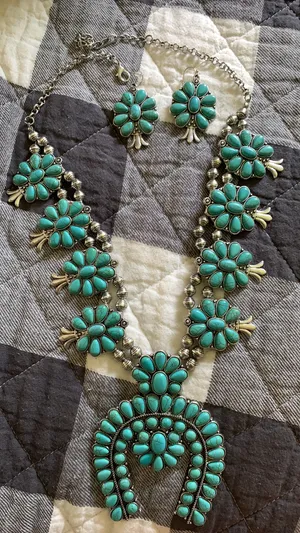 Western Turquoise Squash Blossom Earring And Necklace Set thumbnail 3