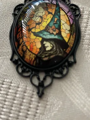 18” Black Cord Necklace Witch In Hat Oval Pendant 2”H x 1.25”W Goth Gothic Punk thumbnail 3