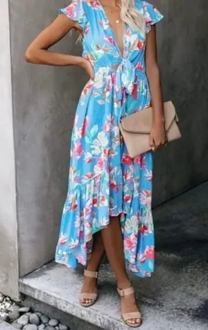✨VICI Deep V-Neck Bow Tie Front All Over Floral High Low Maxi Sz Medium Dress✨ thumbnail 1