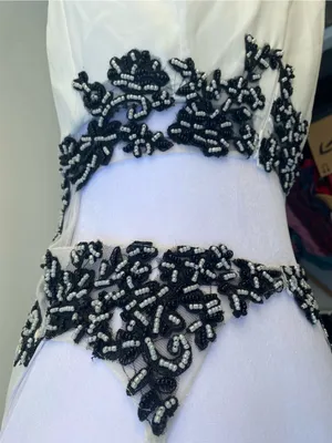 White floor length gown black beaded applique formal prom wedding Halloween thumbnail 8