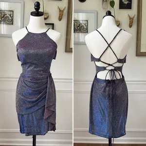 Vintage 90s Blondie Nites Caged Back Cosmic Sparkle BodyCon Cocktail HoCo Dress thumbnail 2