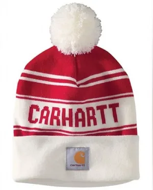 CARHARTT Pom Pom spell out beanie red and‎ white NWOT thumbnail 1